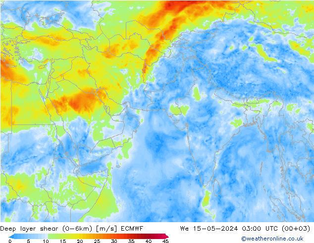 Deep layer shear (0-6km) ECMWF 星期三 15.05.2024 03 UTC