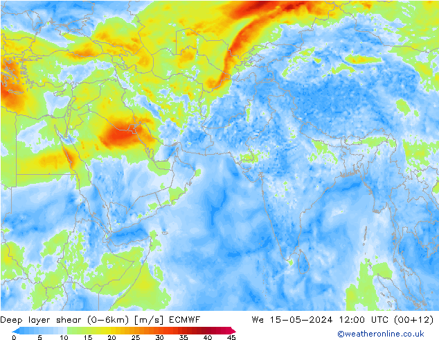 Deep layer shear (0-6km) ECMWF 星期三 15.05.2024 12 UTC