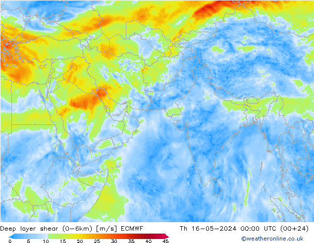 Deep layer shear (0-6km) ECMWF 星期四 16.05.2024 00 UTC