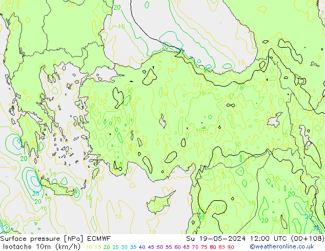 Isotaca (kph) ECMWF dom 19.05.2024 12 UTC