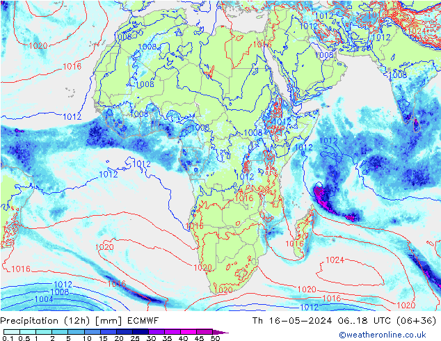 Precipitation (12h) ECMWF Th 16.05.2024 18 UTC