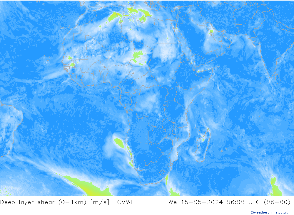 Deep layer shear (0-1km) ECMWF Mi 15.05.2024 06 UTC