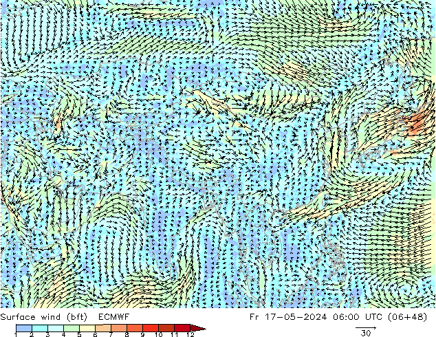 Surface wind (bft) ECMWF Fr 17.05.2024 06 UTC