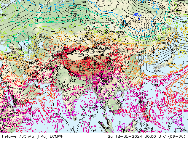 Theta-e 700hPa ECMWF sab 18.05.2024 00 UTC