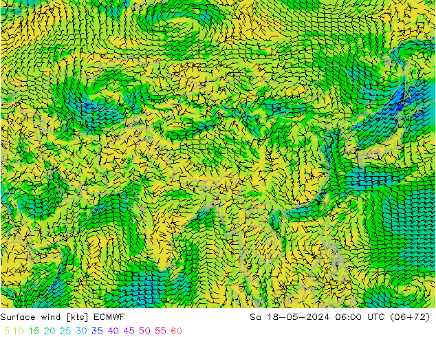 Wind 10 m ECMWF za 18.05.2024 06 UTC