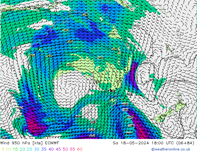 Rüzgar 950 hPa ECMWF Cts 18.05.2024 18 UTC