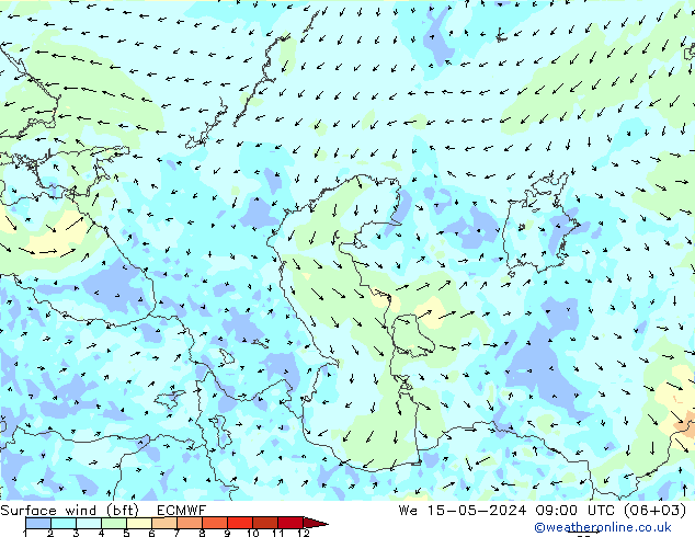 Surface wind (bft) ECMWF We 15.05.2024 09 UTC