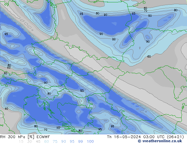 Humidité rel. 300 hPa ECMWF jeu 16.05.2024 03 UTC
