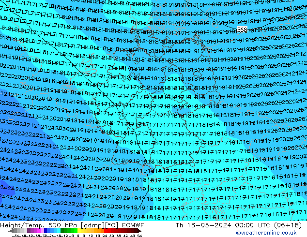 Hoogte/Temp. 500 hPa ECMWF do 16.05.2024 00 UTC