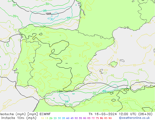 Isotachen (mph) ECMWF do 16.05.2024 12 UTC