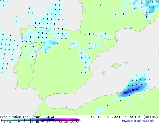 Precipitation (6h) ECMWF Su 19.05.2024 00 UTC