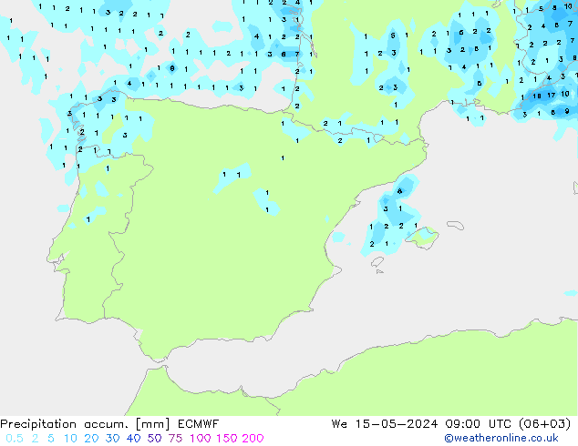 Precipitación acum. ECMWF mié 15.05.2024 09 UTC