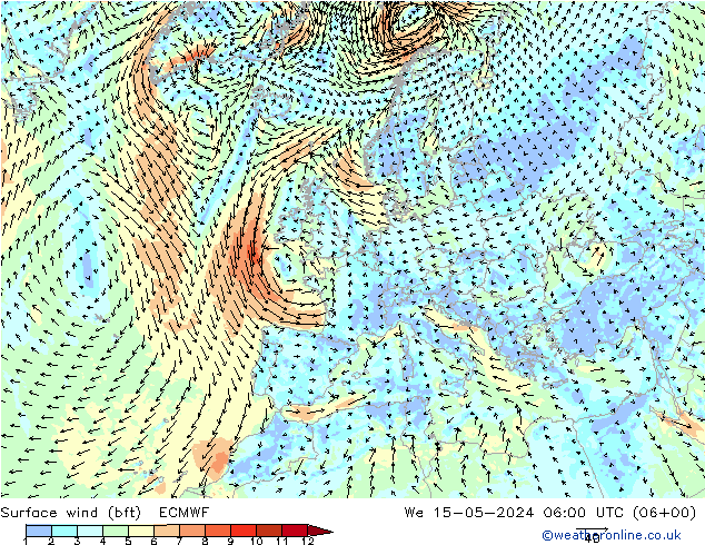 Wind 10 m (bft) ECMWF wo 15.05.2024 06 UTC