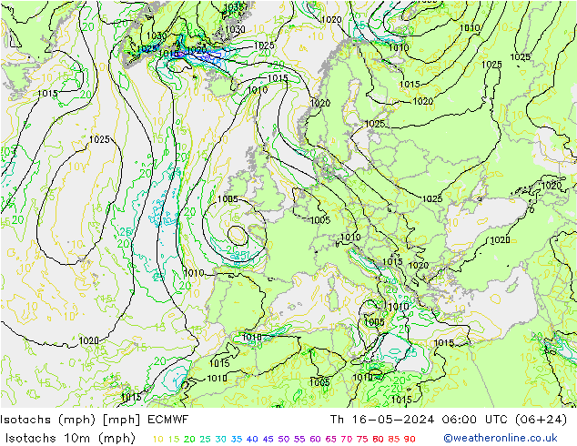 Isotachs (mph) ECMWF 星期四 16.05.2024 06 UTC