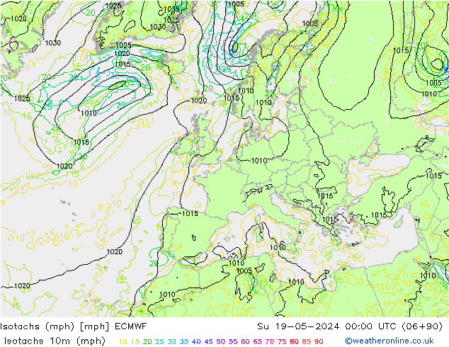 Isotachen (mph) ECMWF So 19.05.2024 00 UTC