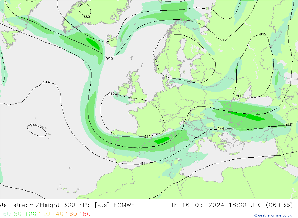 Jet stream/Height 300 hPa ECMWF Th 16.05.2024 18 UTC