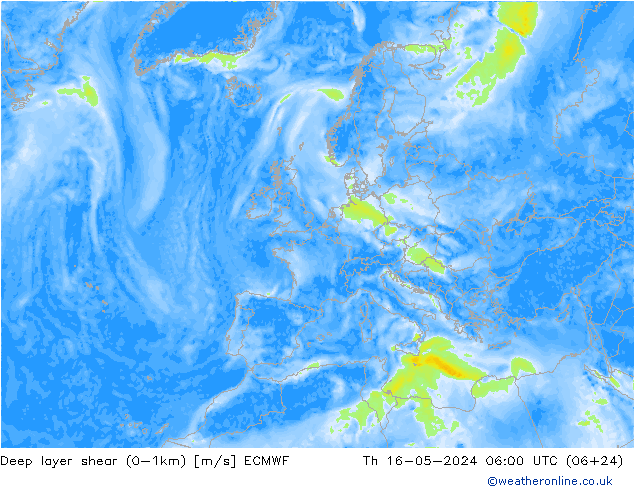 Deep layer shear (0-1km) ECMWF 星期四 16.05.2024 06 UTC