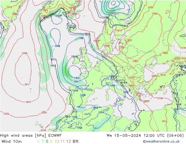 High wind areas ECMWF mié 15.05.2024 12 UTC
