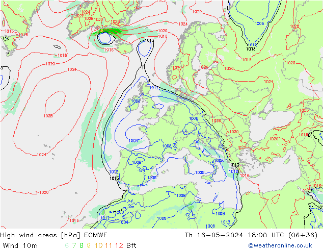 High wind areas ECMWF  16.05.2024 18 UTC