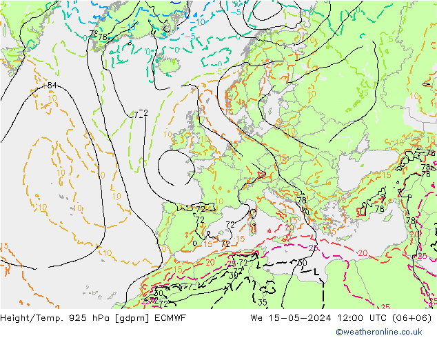 Geop./Temp. 925 hPa ECMWF mié 15.05.2024 12 UTC