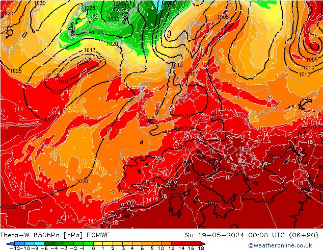 Theta-W 850hPa ECMWF Paz 19.05.2024 00 UTC