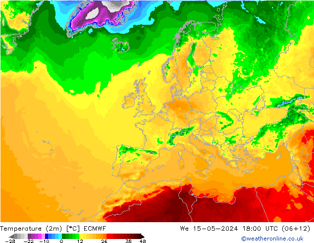 Temperatuurkaart (2m) ECMWF wo 15.05.2024 18 UTC