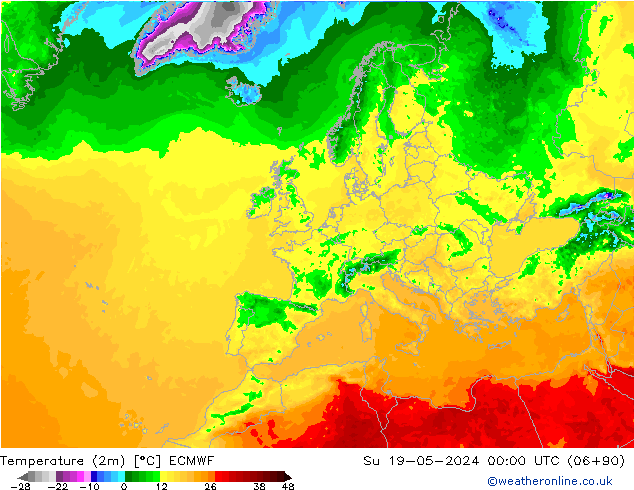 Temperatuurkaart (2m) ECMWF zo 19.05.2024 00 UTC