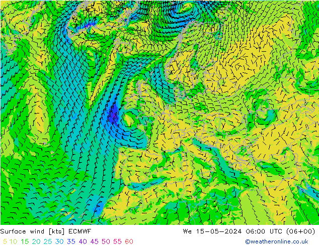 Vento 10 m ECMWF mer 15.05.2024 06 UTC