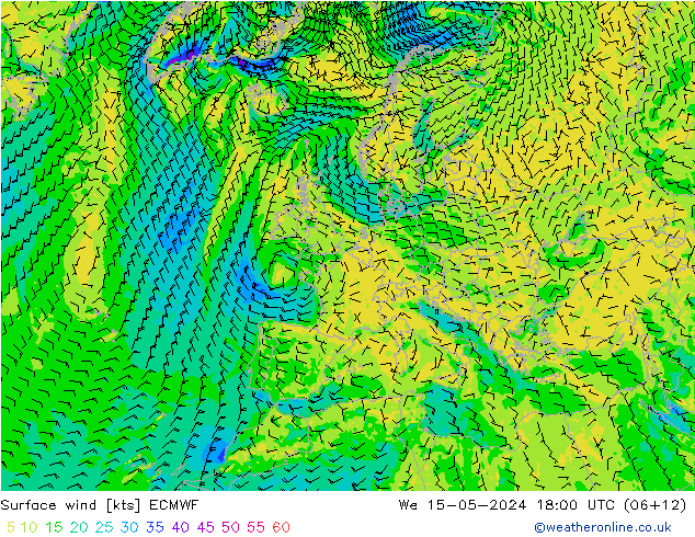 Surface wind ECMWF We 15.05.2024 18 UTC