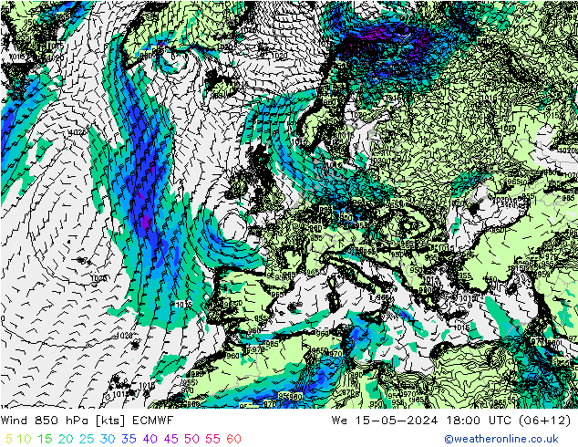 Wind 850 hPa ECMWF Mi 15.05.2024 18 UTC