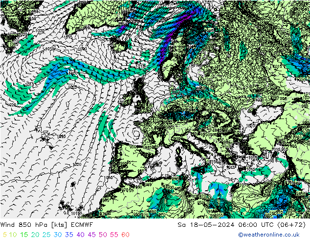 ветер 850 гПа ECMWF сб 18.05.2024 06 UTC