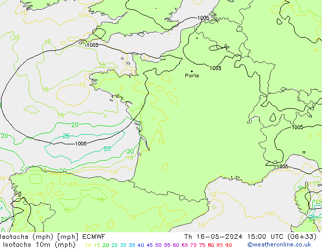 Isotachs (mph) ECMWF gio 16.05.2024 15 UTC