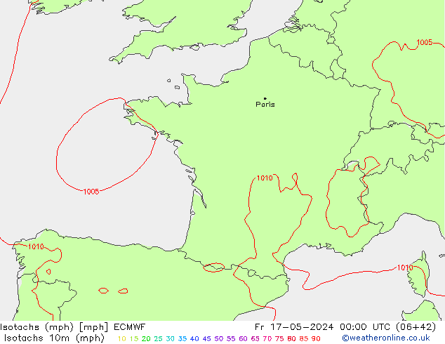 Isotachs (mph) ECMWF  17.05.2024 00 UTC