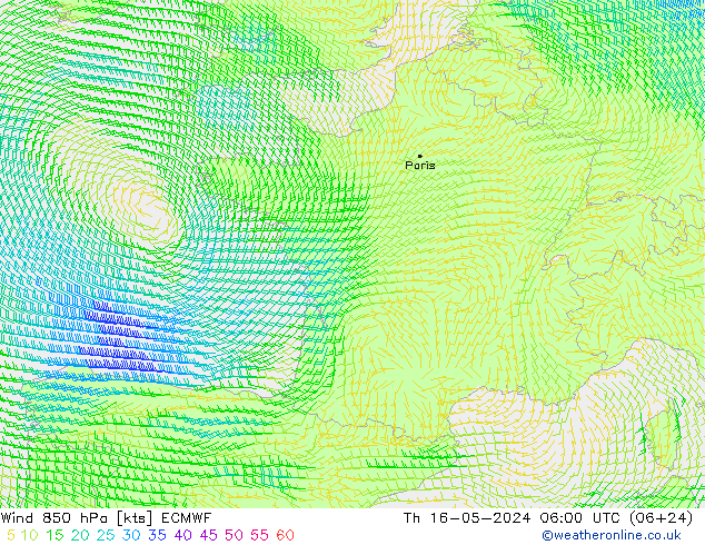 Wind 850 hPa ECMWF Do 16.05.2024 06 UTC