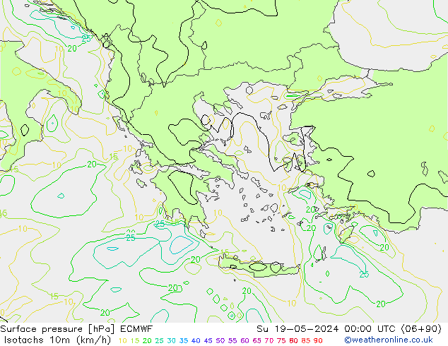 Isotachs (kph) ECMWF Su 19.05.2024 00 UTC