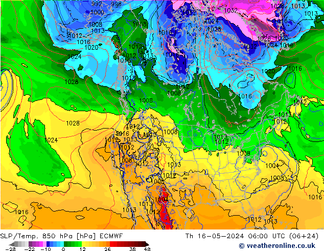 SLP/Temp. 850 hPa ECMWF 星期四 16.05.2024 06 UTC