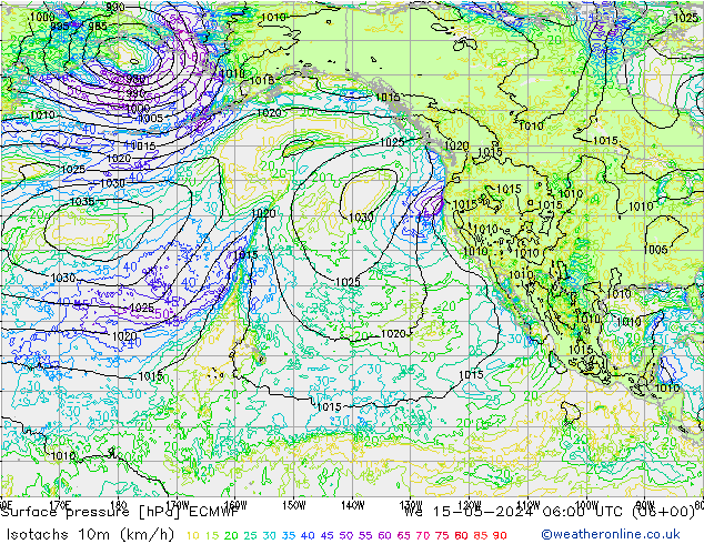 Eşrüzgar Hızları (km/sa) ECMWF Çar 15.05.2024 06 UTC