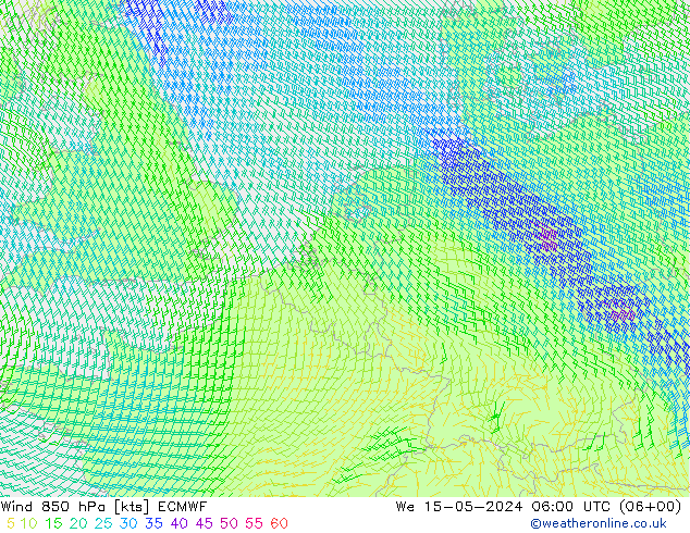 ветер 850 гПа ECMWF ср 15.05.2024 06 UTC
