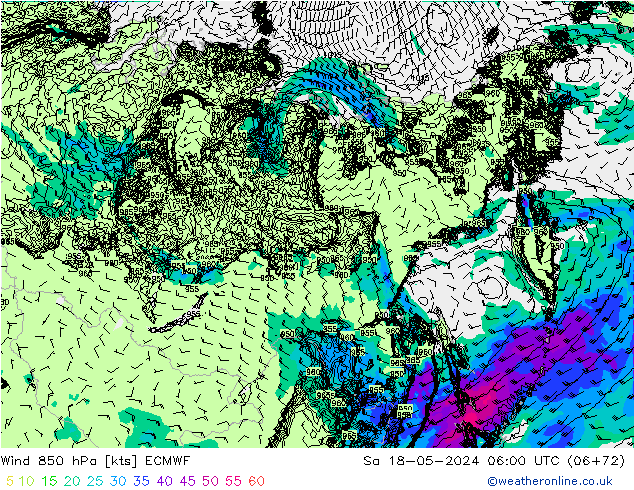 Wind 850 hPa ECMWF za 18.05.2024 06 UTC