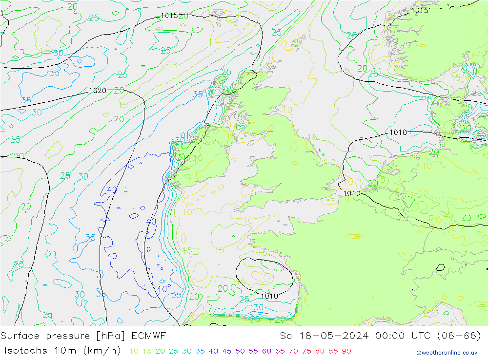 Isotachs (kph) ECMWF сб 18.05.2024 00 UTC