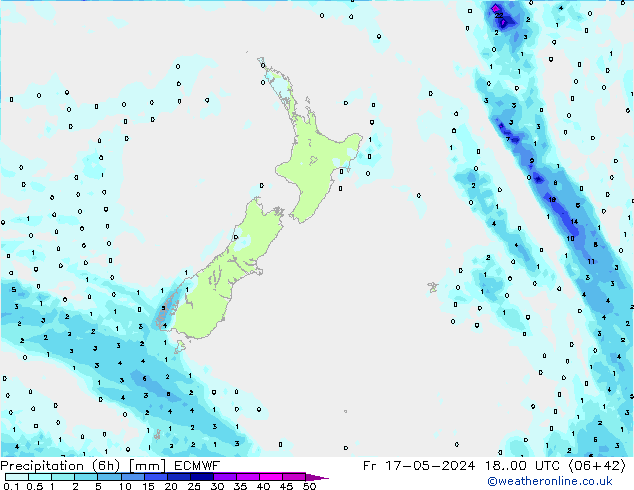 Totale neerslag (6h) ECMWF vr 17.05.2024 00 UTC