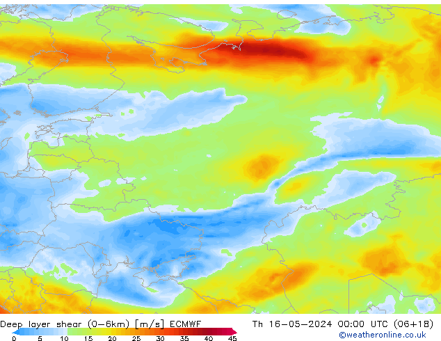 Deep layer shear (0-6km) ECMWF Per 16.05.2024 00 UTC