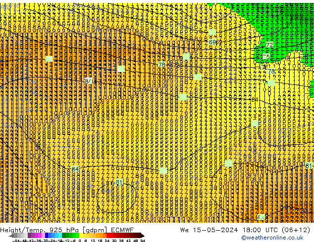 Height/Temp. 925 hPa ECMWF mer 15.05.2024 18 UTC