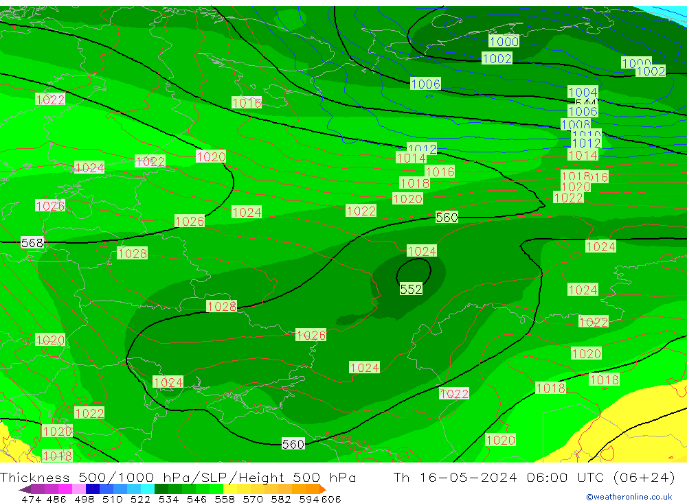 Dikte 500-1000hPa ECMWF do 16.05.2024 06 UTC