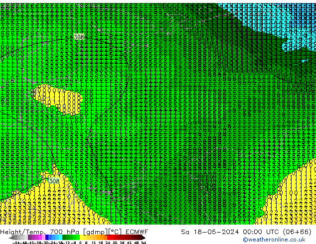 Height/Temp. 700 hPa ECMWF sab 18.05.2024 00 UTC