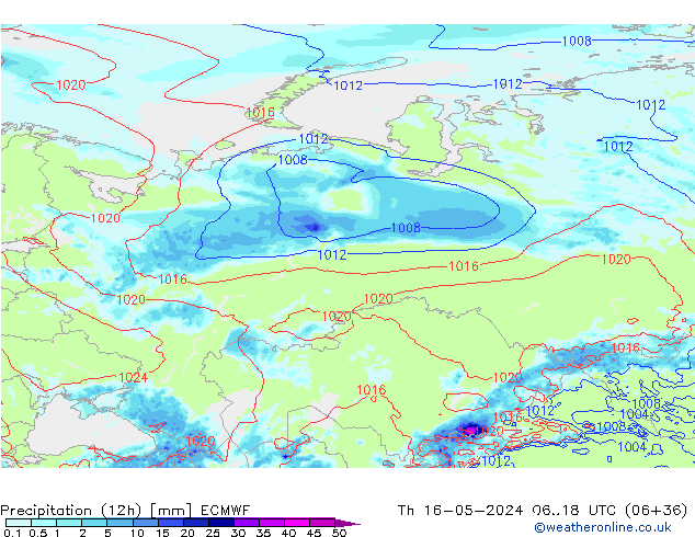 Totale neerslag (12h) ECMWF do 16.05.2024 18 UTC