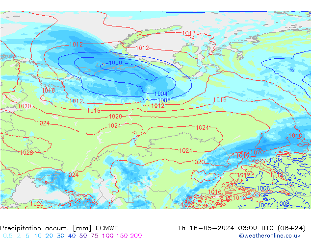 Precipitation accum. ECMWF gio 16.05.2024 06 UTC
