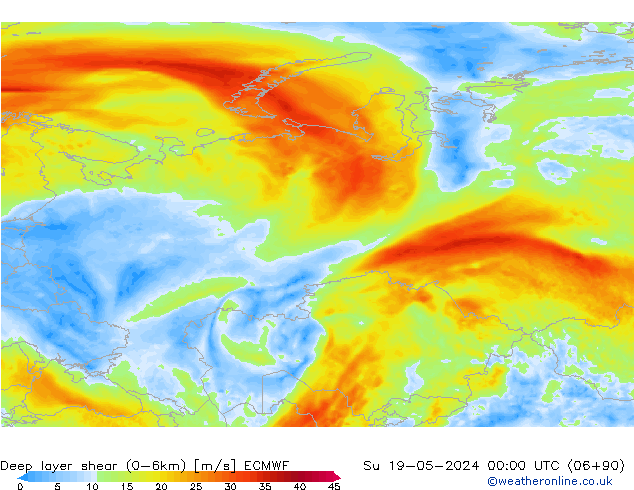Deep layer shear (0-6km) ECMWF Dom 19.05.2024 00 UTC