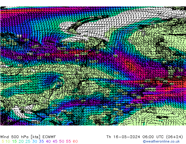 wiatr 500 hPa ECMWF czw. 16.05.2024 06 UTC