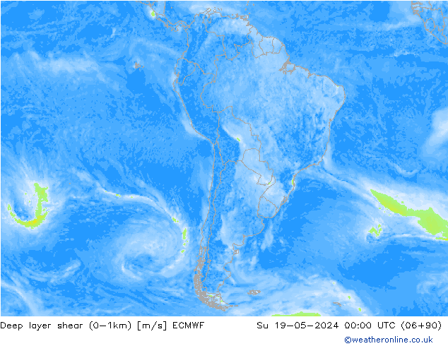 Deep layer shear (0-1km) ECMWF Paz 19.05.2024 00 UTC